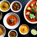 **

"A vibrant and artistic food spread showcasing a fusion dish, blending elements from Pakistani (or general South Asian) cuisine with a clearly distinct culinary tradition, such as Italian or Japanese. Focus on the visual appeal of the dish, highlighting the innovative combination of flavors and ingredients. The setting should evoke a modern and stylish restaurant or cooking studio."

**