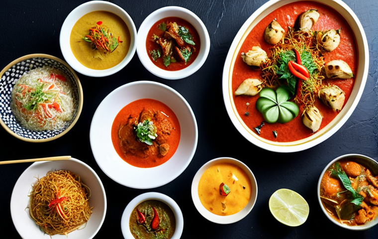 **
"A vibrant and artistic food spread showcasing a fusion dish, blending elements from Pakistani (or general South Asian) cuisine with a clearly distinct culinary tradition, such as Italian or Japanese. Focus on the visual appeal of the dish, highlighting the innovative combination of flavors and ingredients. The setting should evoke a modern and stylish restaurant or cooking studio."
**