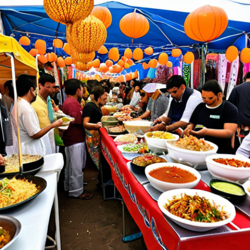 Home 6 Fusion Food Festival Scene**
Prompt: "Vibrant fusion food festival. Diverse food stalls showcasing Pakistani biryani with Thai spices, Japanese sushi with Mexican salsa. Chefs cooking live. Crowds of people enjoying unique dishes. Festive atmosphere, colorful decorations."
**