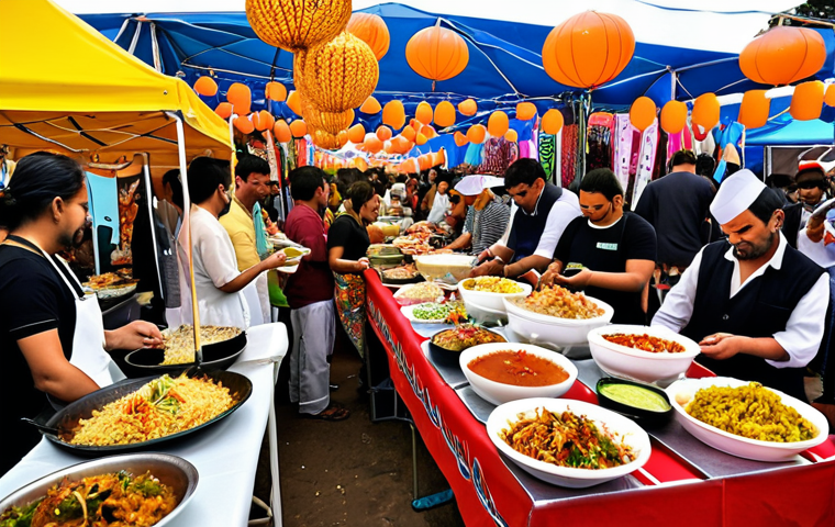 Fusion Food Festival Scene**
Prompt: "Vibrant fusion food festival. Diverse food stalls showcasing Pakistani biryani with Thai spices, Japanese sushi with Mexican salsa. Chefs cooking live. Crowds of people enjoying unique dishes. Festive atmosphere, colorful decorations."
**